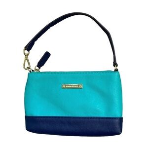 Banana Republic Colorblock Wristlet Aqua/Navy Golden Hardware Faux Leather 5”